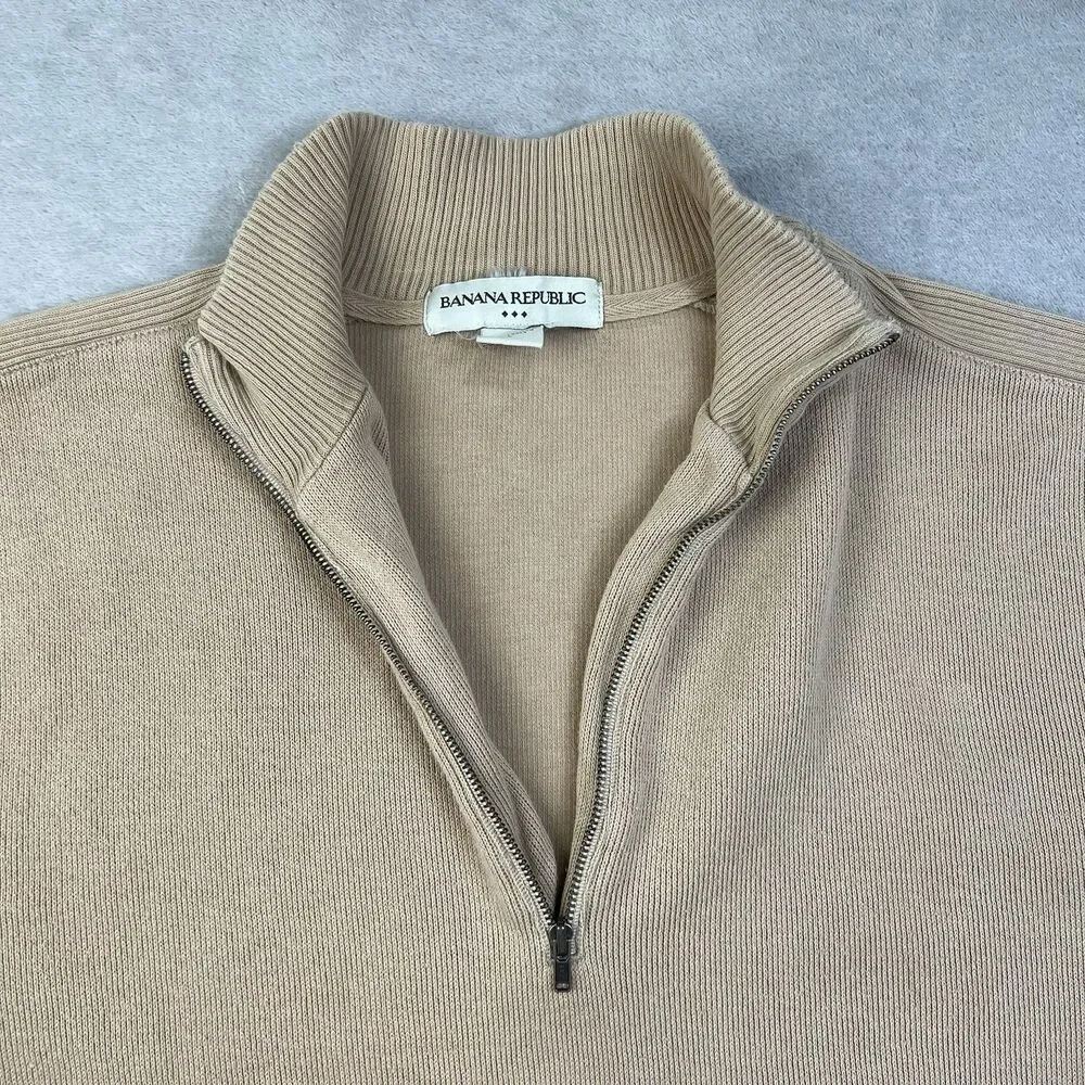 Banana Republic Mens L Quarter Zip Sweater Tan Khaki 100% Cotton Pullover